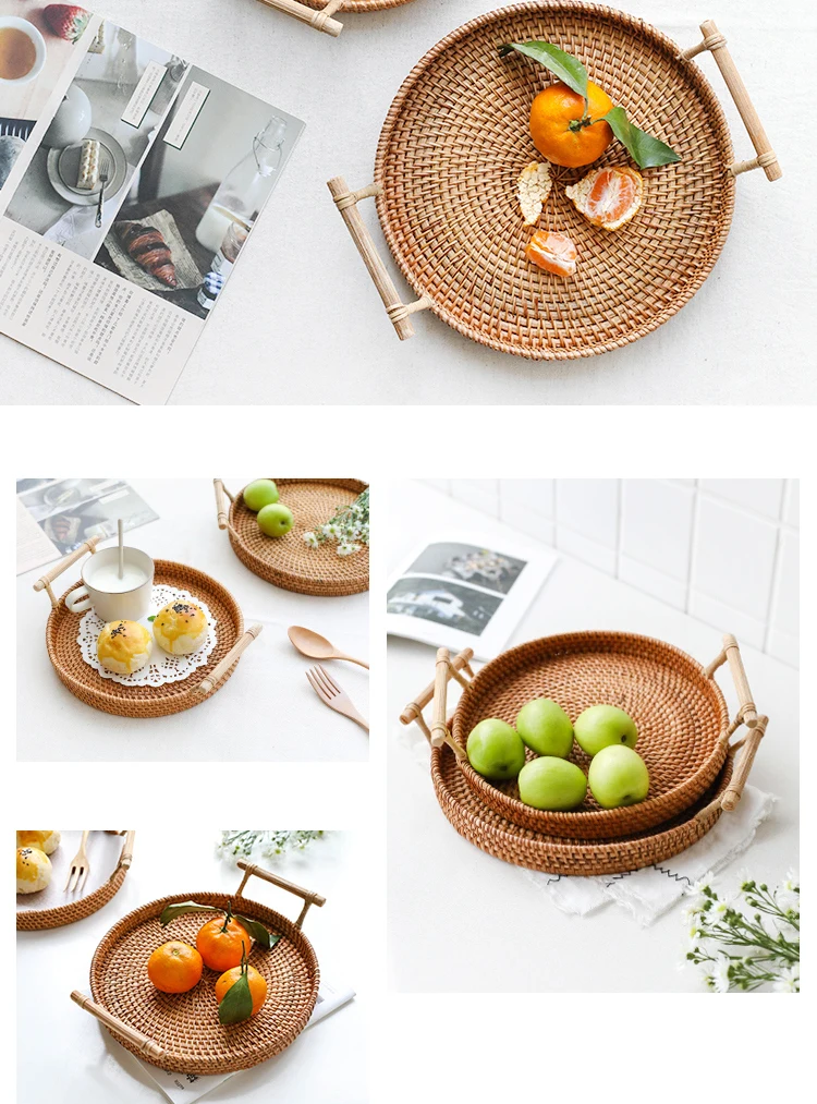 Woven Rattan Tray with Wooden Handles