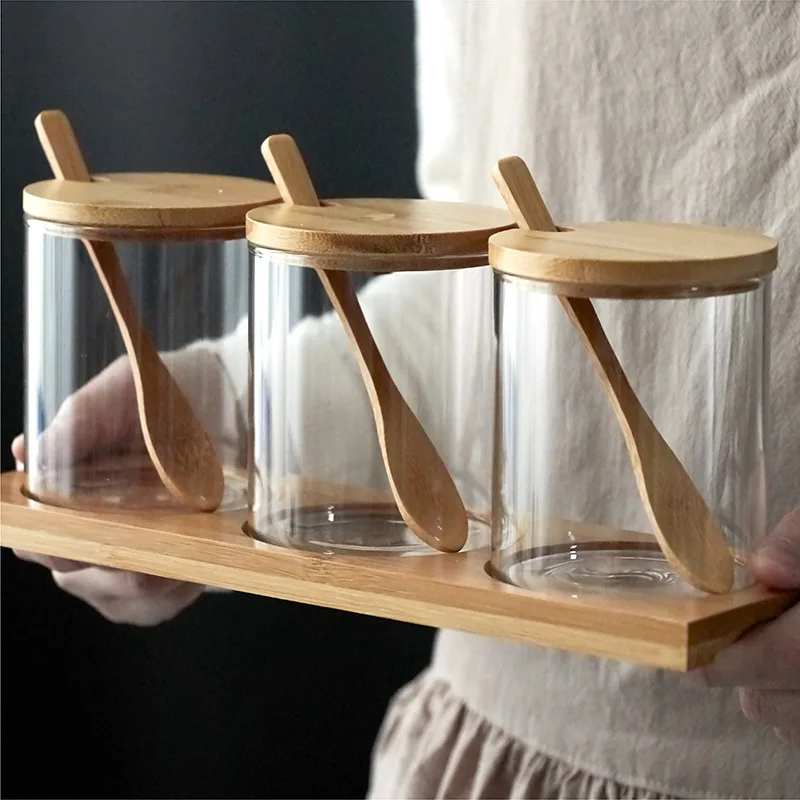 Glass and Wood Storage Jars Set with Spoon