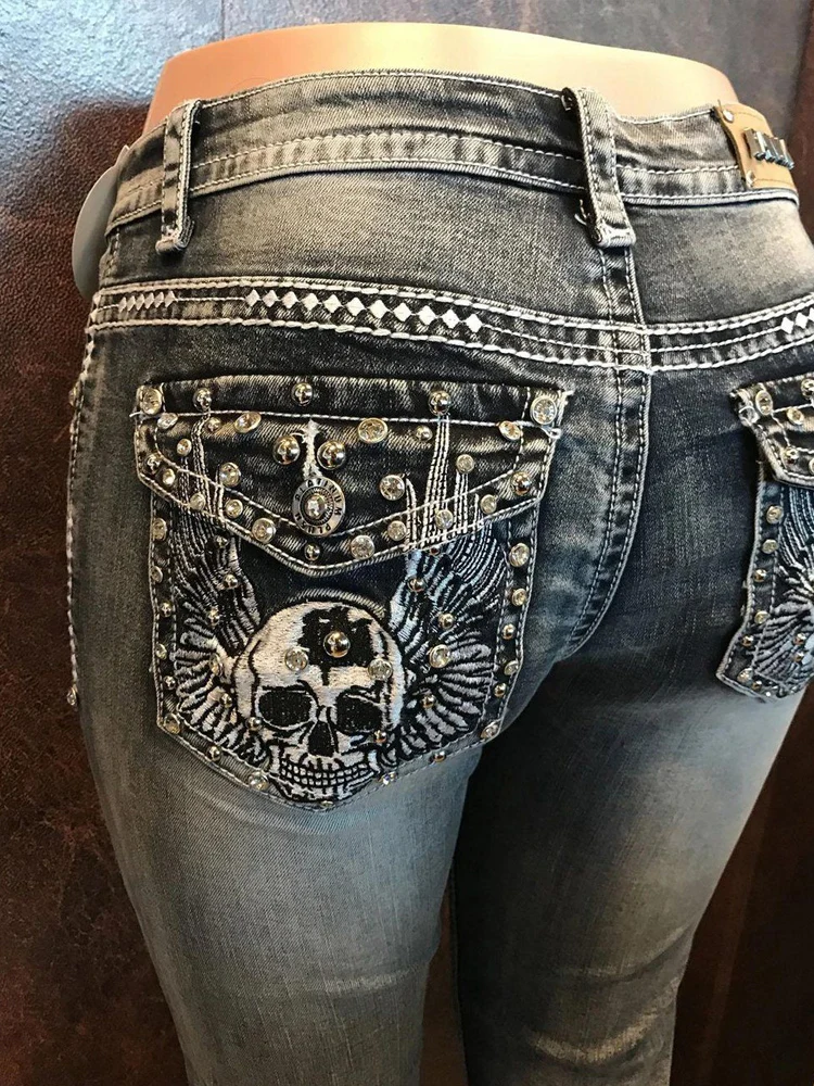 Women's Skull Patterned High Waist Jeans