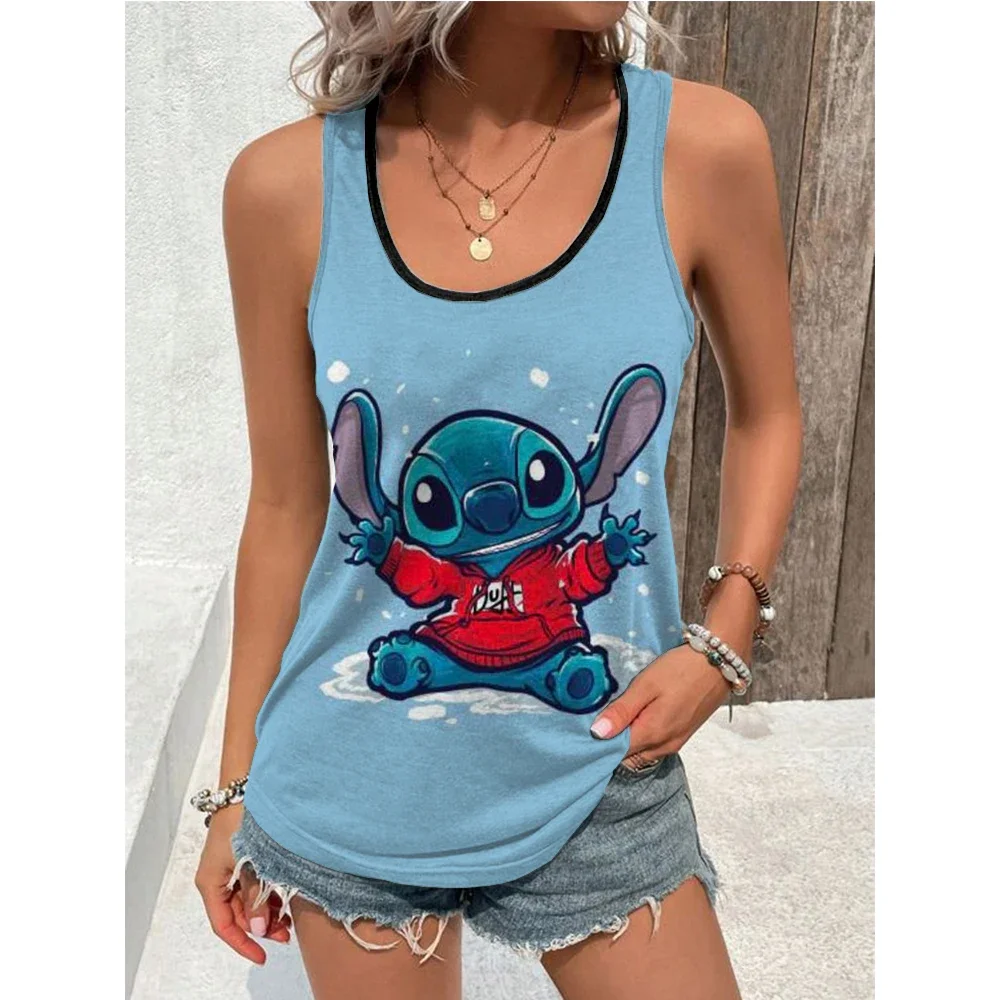 New Disney Stitch Print Tank Top Summer Casual Strap Sleeveless U-neck Slim Fit T-shirt Girls Top T-shirts Women street style