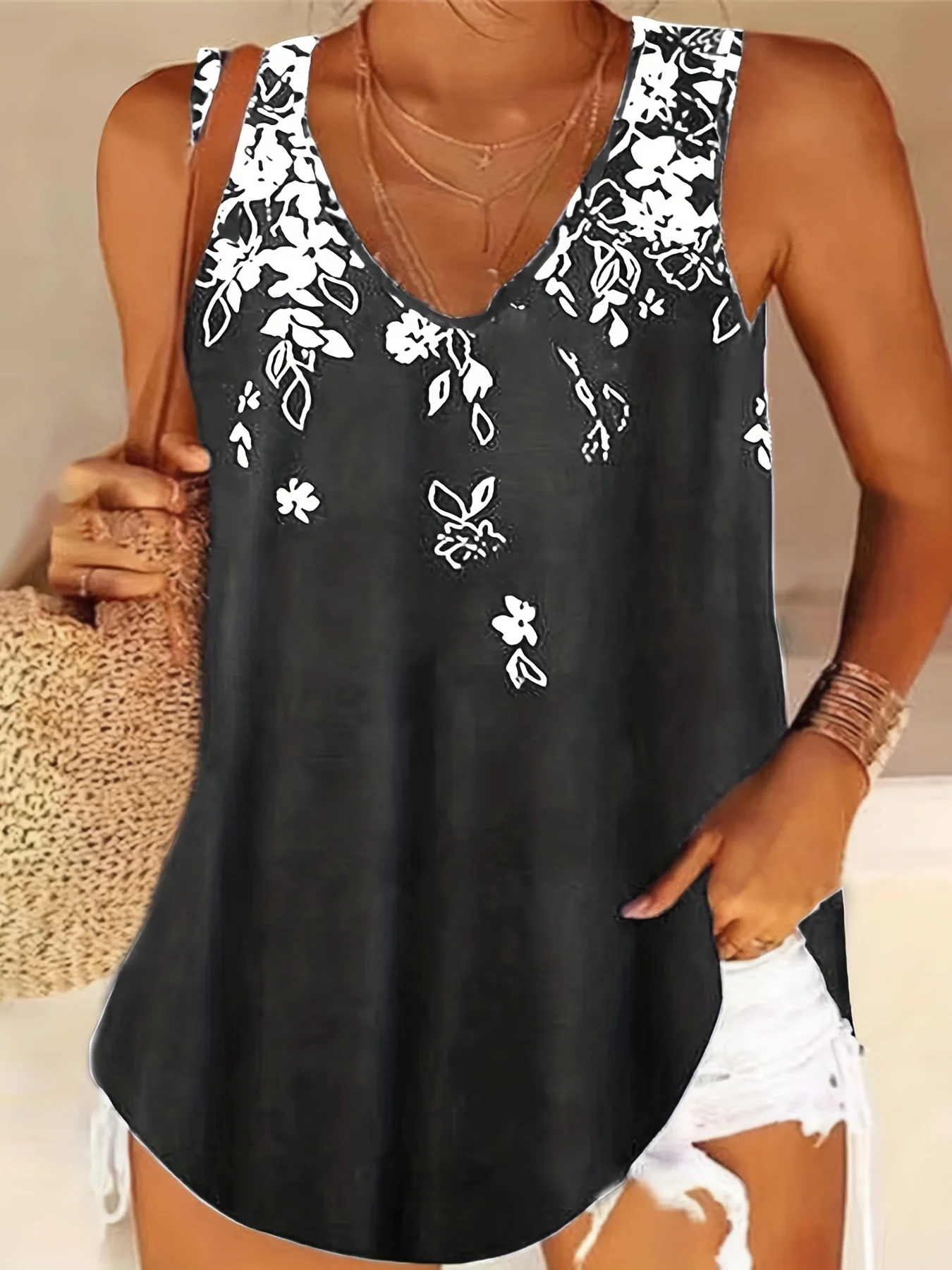 Womens V Neck Camis Sleeveless Tank Tops Summer Blouse Loose Casual Floral Patterned Shirt