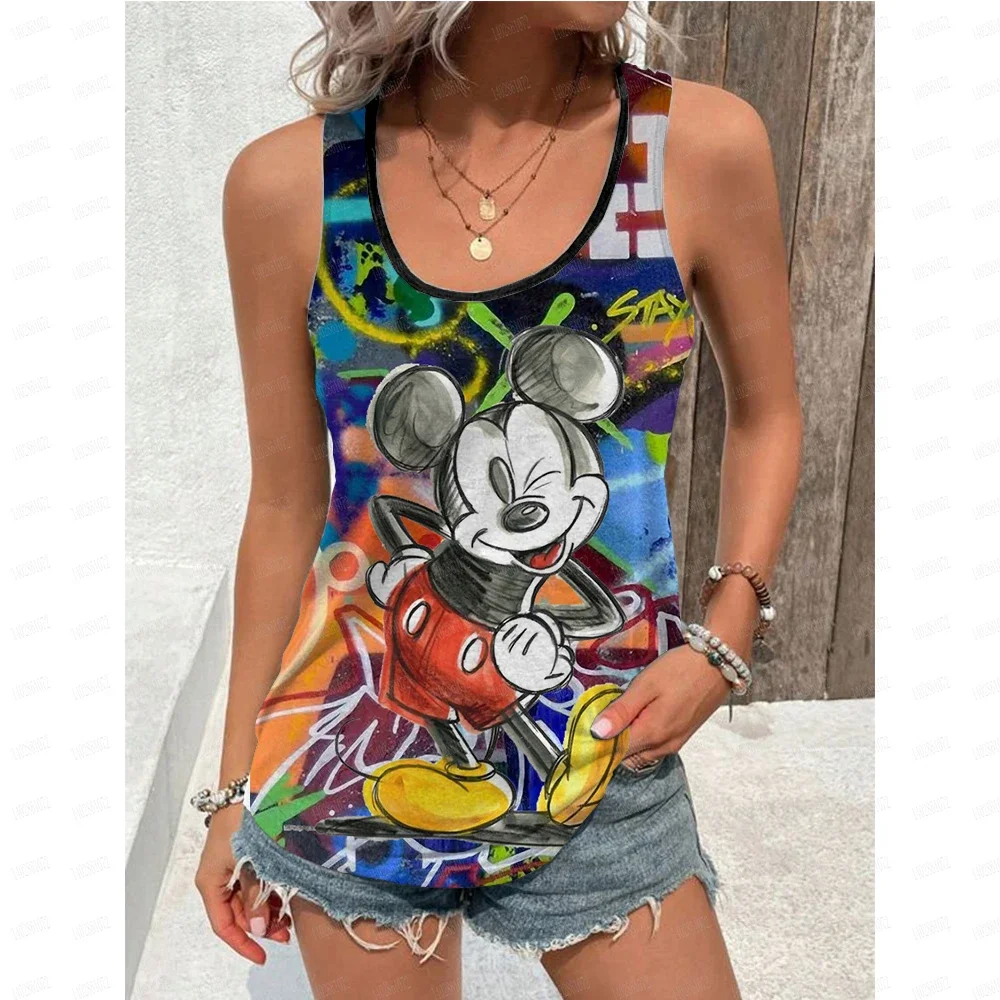 Disney Mickey Mouse Strap Women's Summer  U-neck Top Cartoon Mickey Mouse Pattern Printed Tank Top Cute Disney Anime Tank Top