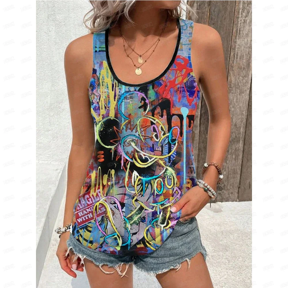 Disney Mickey Mouse Strap Women's Summer  U-neck Top Cartoon Mickey Mouse Pattern Printed Tank Top Cute Disney Anime Tank Top