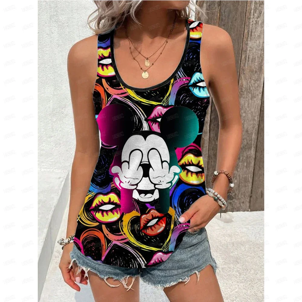Disney Mickey Mouse Strap Women's Summer  U-neck Top Cartoon Mickey Mouse Pattern Printed Tank Top Cute Disney Anime Tank Top