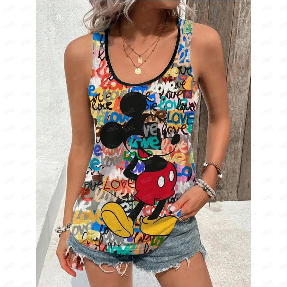 Disney Mickey Mouse Strap Women's Summer  U-neck Top Cartoon Mickey Mouse Pattern Printed Tank Top Cute Disney Anime Tank Top