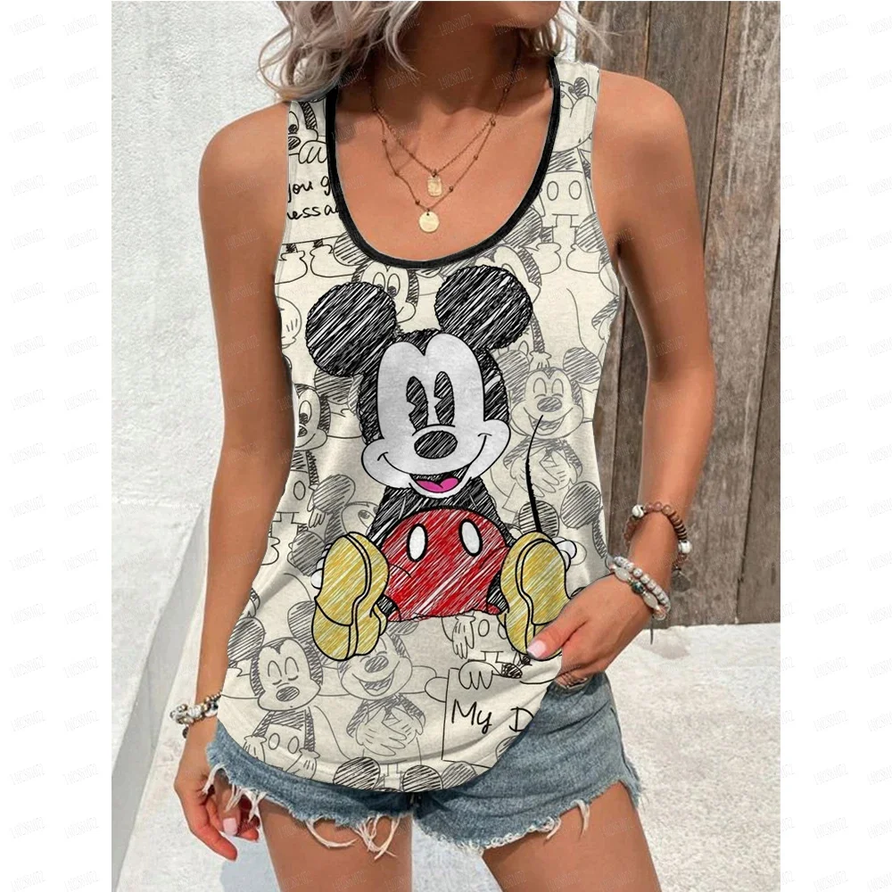 Disney Mickey Mouse Strap Women's Summer  U-neck Top Cartoon Mickey Mouse Pattern Printed Tank Top Cute Disney Anime Tank Top