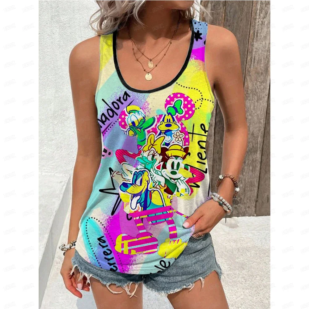 Disney Mickey Mouse Strap Women's Summer  U-neck Top Cartoon Mickey Mouse Pattern Printed Tank Top Cute Disney Anime Tank Top