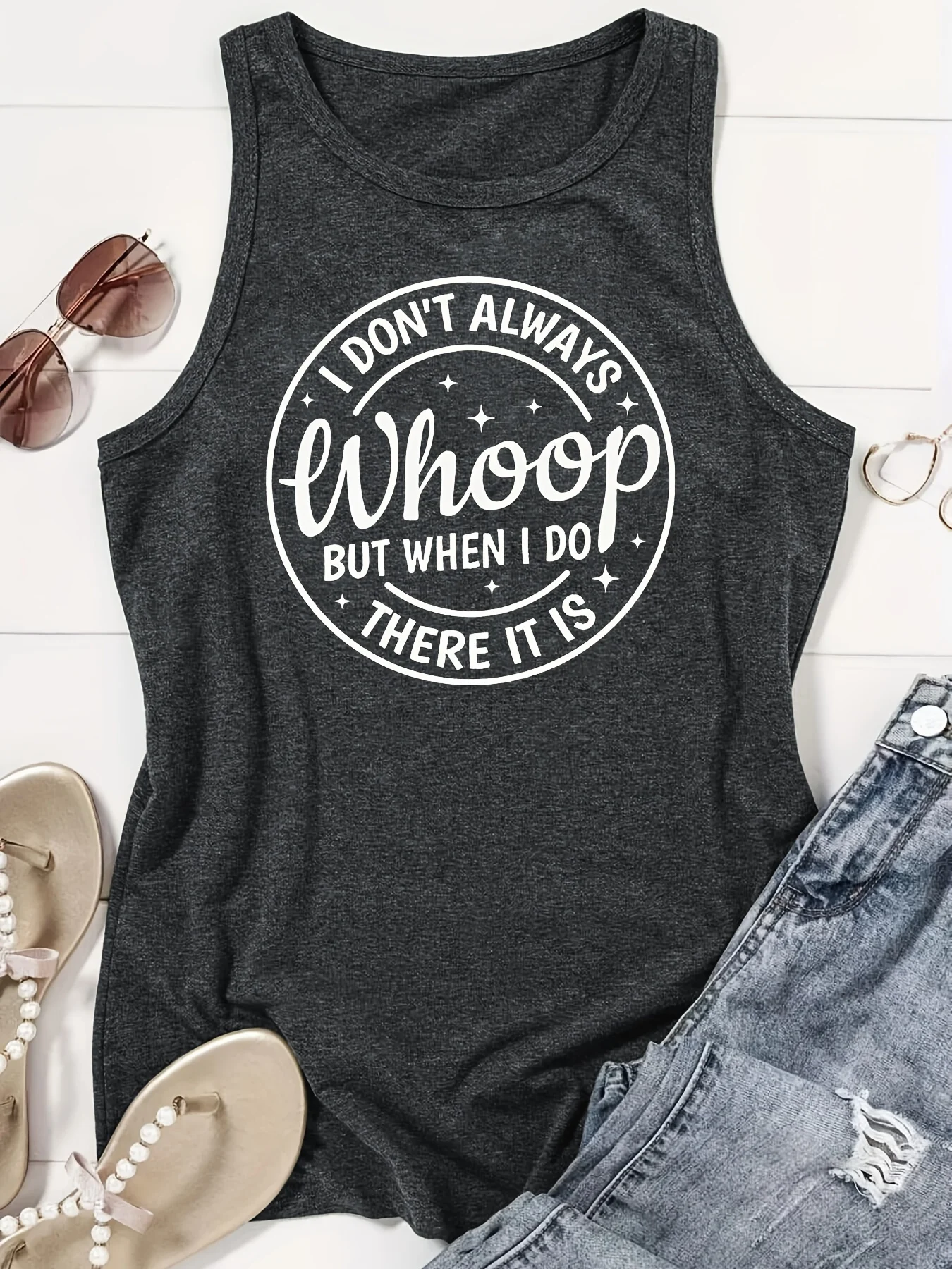 Letter Print Crew Neck Tank Top, Casual Sleeveless Tank Top For Summer, Women's Clothing