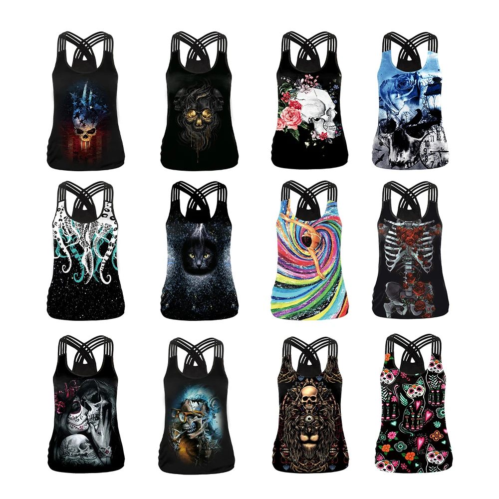 [You're My Secret] Halloween Hollow Out Women Tank Tops Streetwear Skull Pattern Tops Print Gothic Rose Vest Sleeveless Fitness