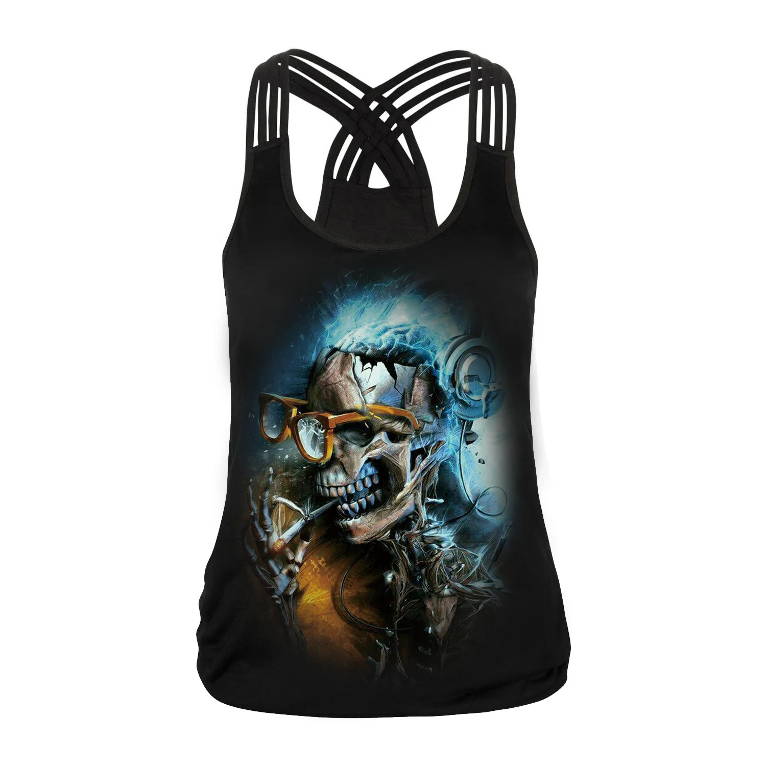 [You're My Secret] Halloween Hollow Out Women Tank Tops Streetwear Skull Pattern Tops Print Gothic Rose Vest Sleeveless Fitness