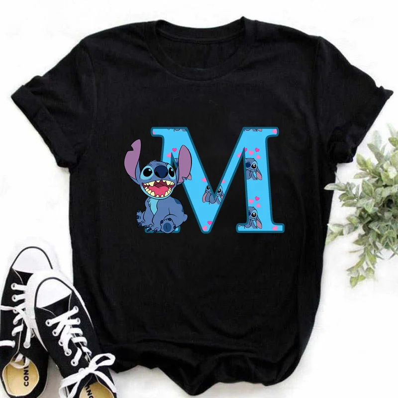 Disney Lilo & Stitch A-Z English Letters Short Sleeve Summer Women Print T Shirt Female Casual Top Tshirts Cartoon Tee T-Shirt