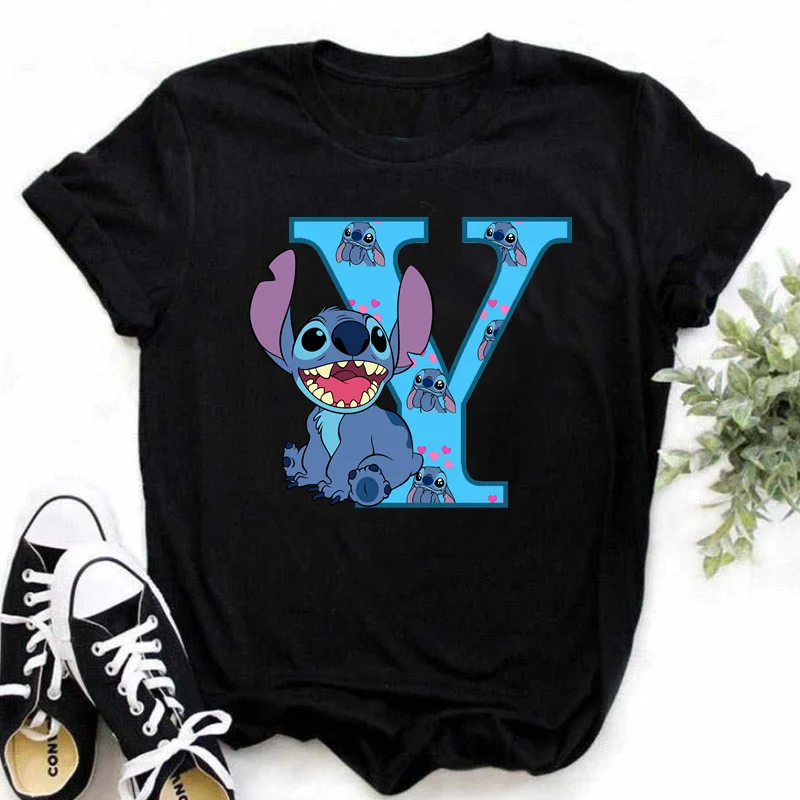 Disney Lilo & Stitch A-Z English Letters Short Sleeve Summer Women Print T Shirt Female Casual Top Tshirts Cartoon Tee T-Shirt