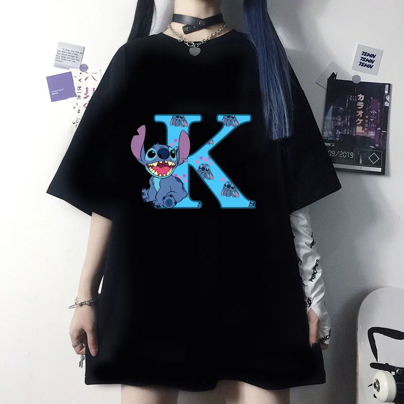 Disney Lilo & Stitch A-Z English Letters Short Sleeve Summer Women Print T Shirt Female Casual Top Tshirts Cartoon Tee T-Shirt