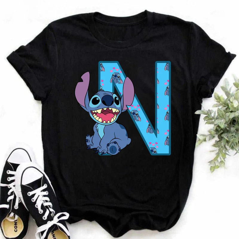 Disney Lilo & Stitch A-Z English Letters Short Sleeve Summer Women Print T Shirt Female Casual Top Tshirts Cartoon Tee T-Shirt