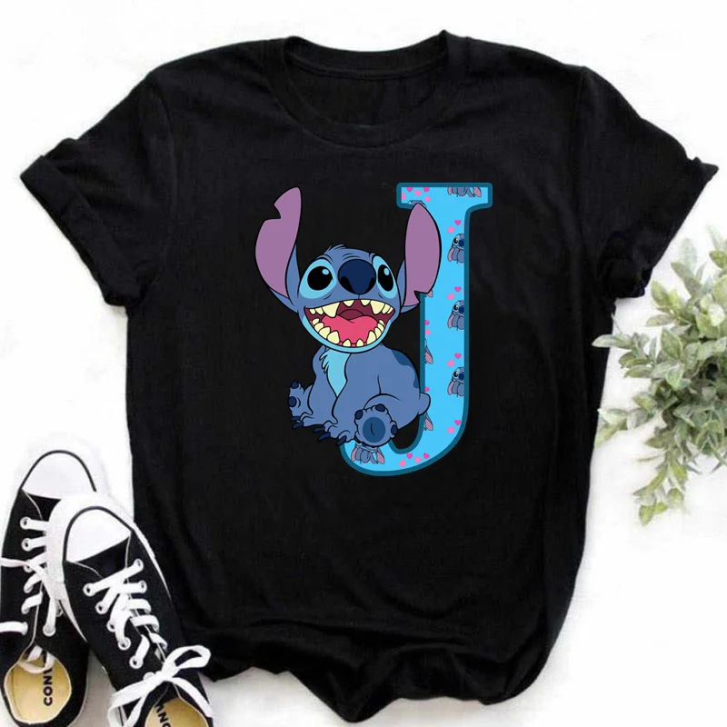 Disney Lilo & Stitch A-Z English Letters Short Sleeve Summer Women Print T Shirt Female Casual Top Tshirts Cartoon Tee T-Shirt