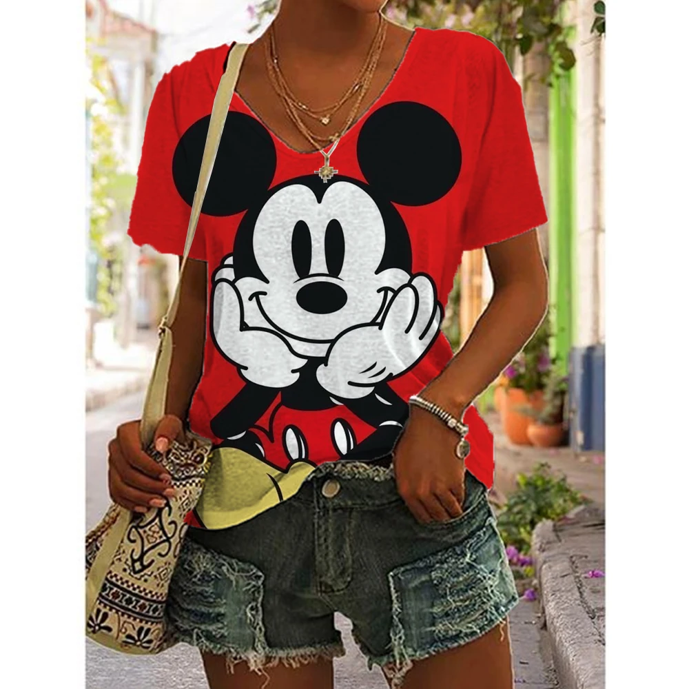 Funny Disney Mickey Mouse Print T Shirt For Women Fashion V-neck Short Sleeve Tops Summer Hot Sale Female Street Trend Slim Tees