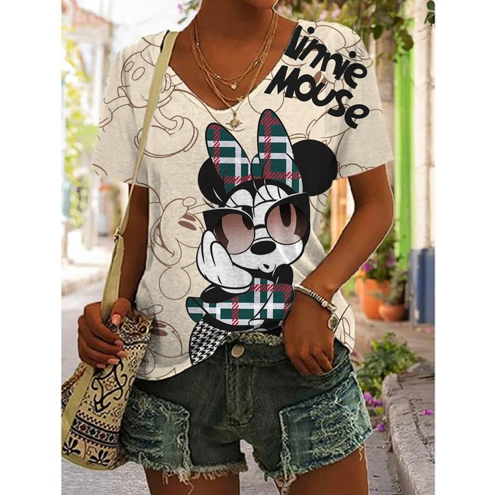 Funny Disney Mickey Mouse Print T Shirt For Women Fashion V-neck Short Sleeve Tops Summer Hot Sale Female Street Trend Slim Tees