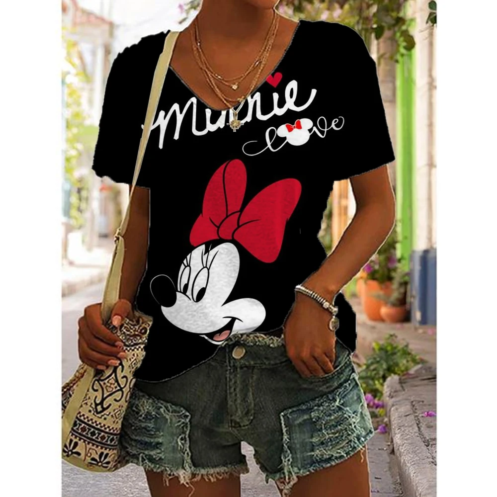 Funny Disney Mickey Mouse Print T Shirt For Women Fashion V-neck Short Sleeve Tops Summer Hot Sale Female Street Trend Slim Tees