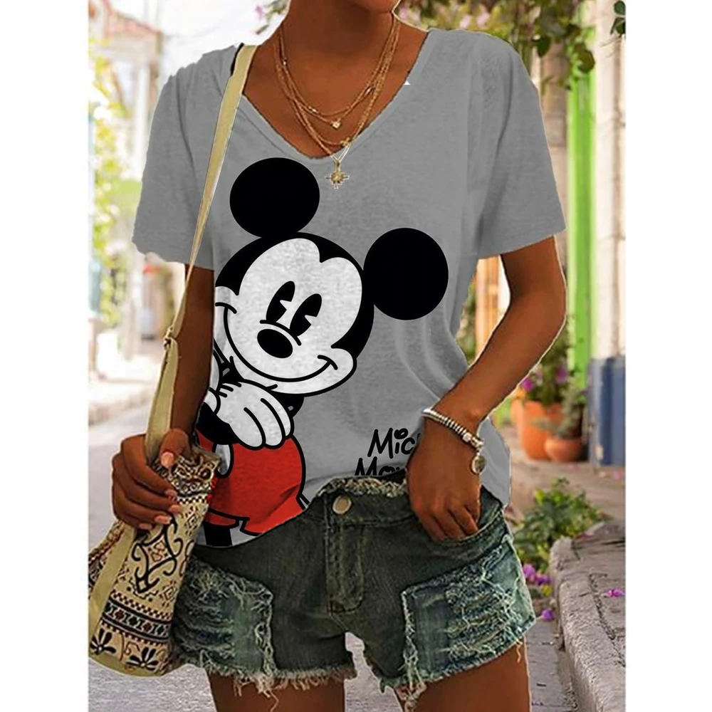 Funny Disney Mickey Mouse Print T Shirt For Women Fashion V-neck Short Sleeve Tops Summer Hot Sale Female Street Trend Slim Tees