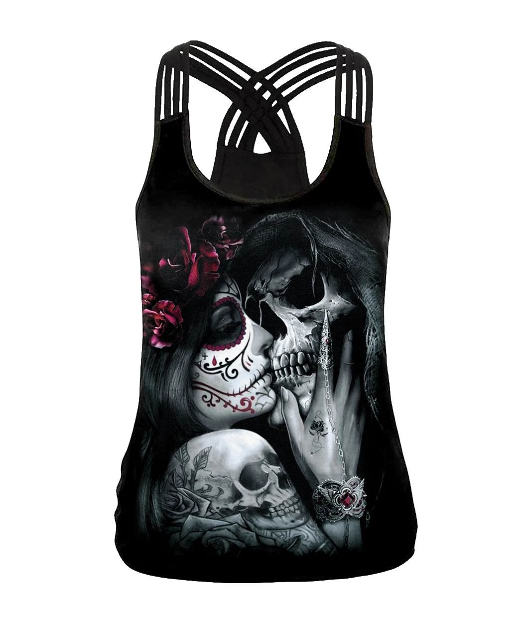 [You're My Secret] Summer Halloween Skull Women's Tank Tops 3D Digital Printed Girl Gothic Style Sling Top Sexy Backless Vest