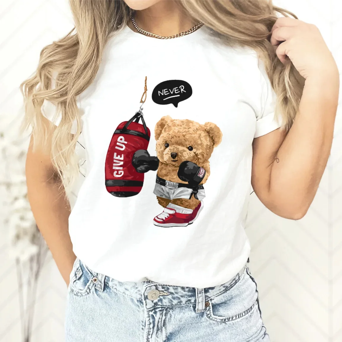 New Couple Teddy Bear Print T-shirt Europe and The United States Fashion Crew-neck Top Woman Tops Oversized T Shirt Harajuku New Couple Teddy Bear Print T-shirt Europe and The United States Fashion Crew-neck Top Woman Tops Oversized T Shirt Harajuku