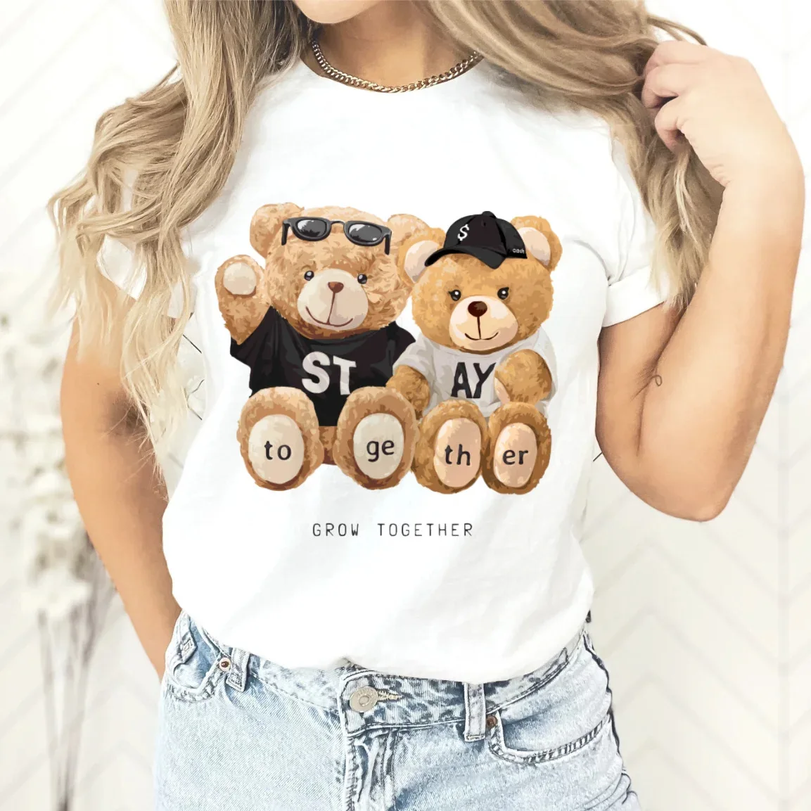 New Couple Teddy Bear Print T-shirt Europe and The United States Fashion Crew-neck Top Woman Tops Oversized T Shirt Harajuku New Couple Teddy Bear Print T-shirt Europe and The United States Fashion Crew-neck Top Woman Tops Oversized T Shirt Harajuku