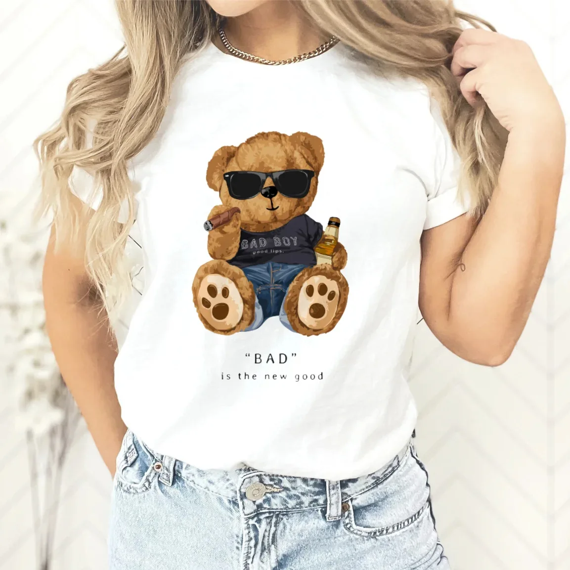 New Couple Teddy Bear Print T-shirt Europe and The United States Fashion Crew-neck Top Woman Tops Oversized T Shirt Harajuku New Couple Teddy Bear Print T-shirt Europe and The United States Fashion Crew-neck Top Woman Tops Oversized T Shirt Harajuku