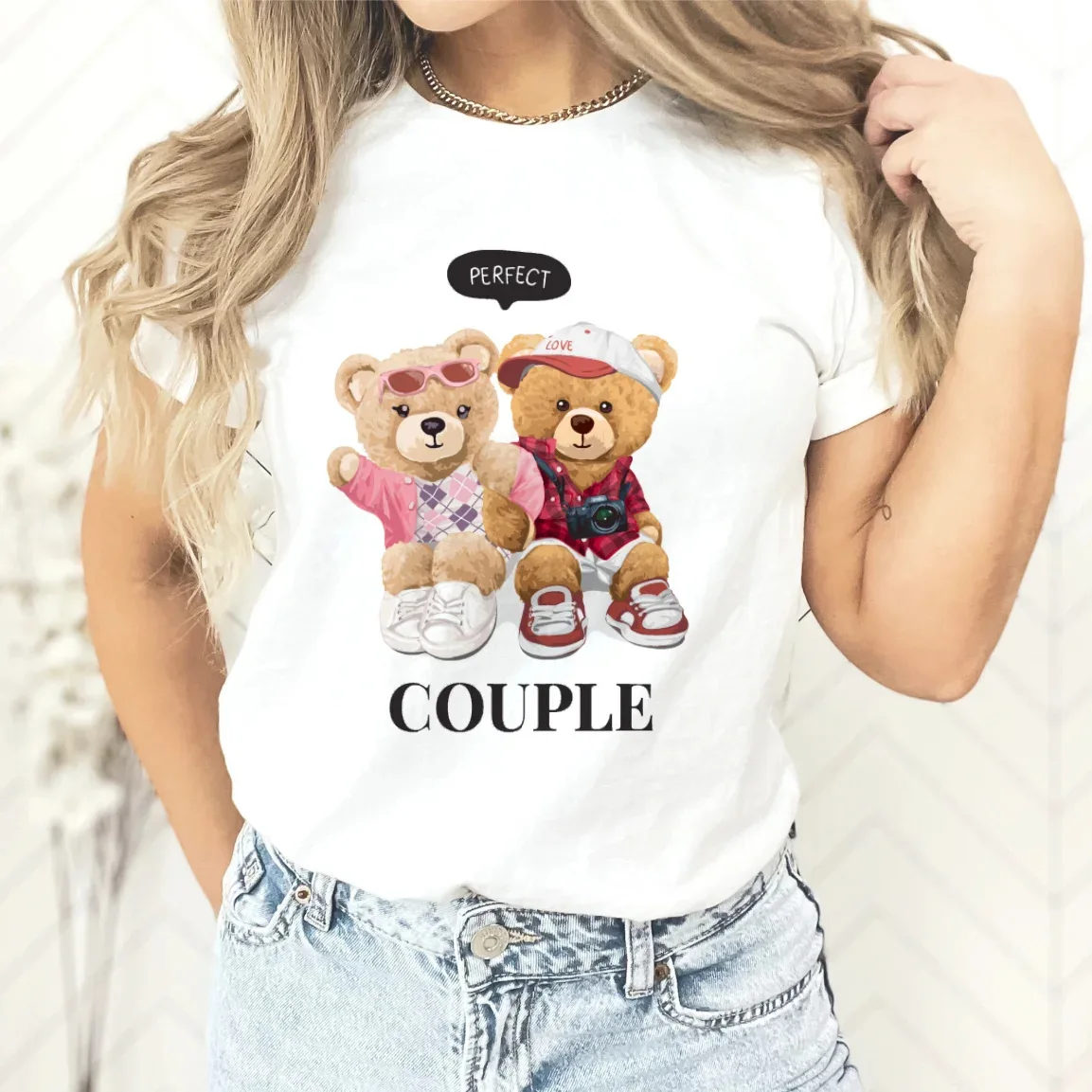 New Couple Teddy Bear Print T-shirt Europe and The United States Fashion Crew-neck Top Woman Tops Oversized T Shirt  Harajuku