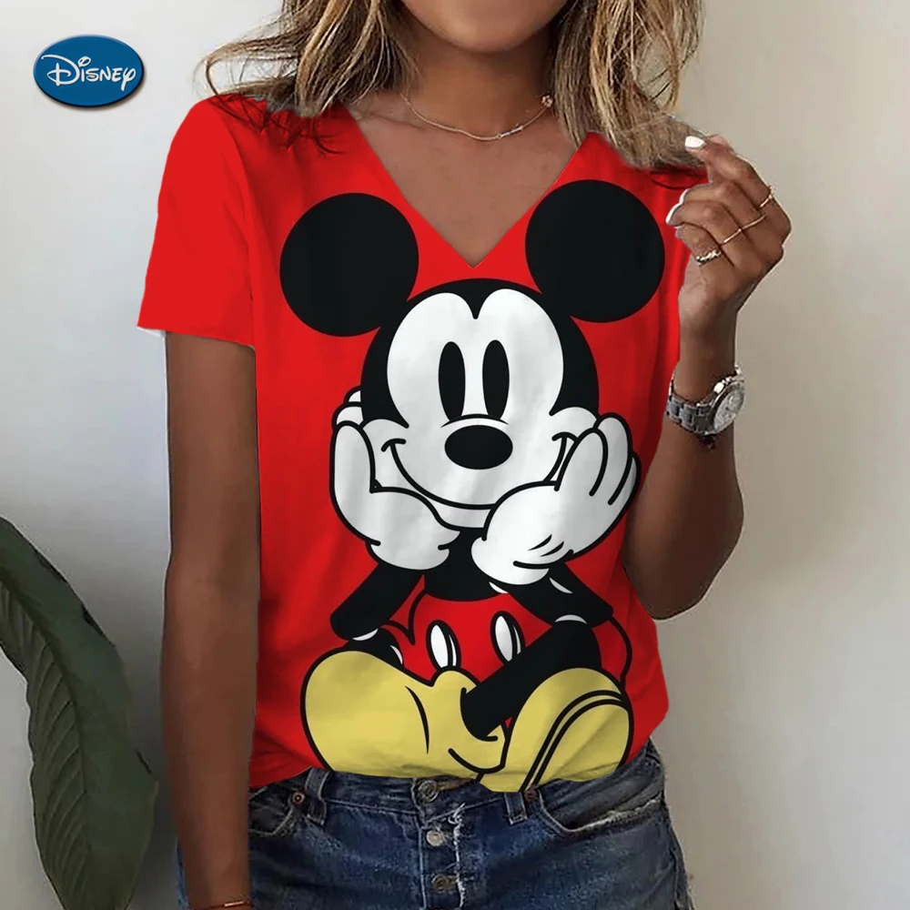 Women's T-shirts Disney Mickey Mouse 3D print New V-neck Short Sleeve Summer Casual Women's Clothing Harajuku Y2K Hip Hop Clothe