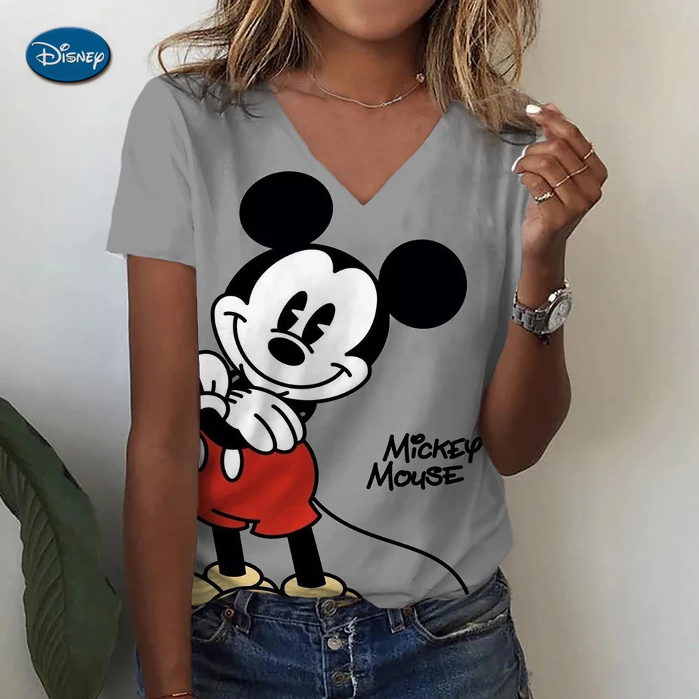 Women's T-shirts Disney Mickey Mouse 3D print New V-neck Short Sleeve Summer Casual Women's Clothing Harajuku Y2K Hip Hop Clothe