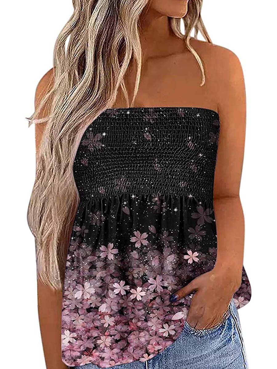 Women s Tube Crop Tops Strapless Cute Sexy Sleeveless Floral Print Blouse Holiday Pleated Tops Shirt