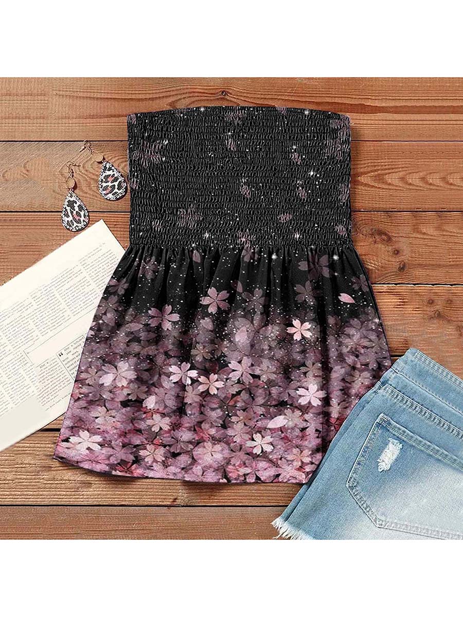 Women s Tube Crop Tops Strapless Cute Sexy Sleeveless Floral Print Blouse Holiday Pleated Tops Shirt