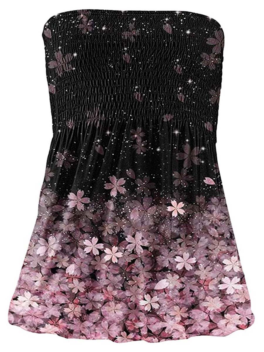 Women s Tube Crop Tops Strapless Cute Sexy Sleeveless Floral Print Blouse Holiday Pleated Tops Shirt
