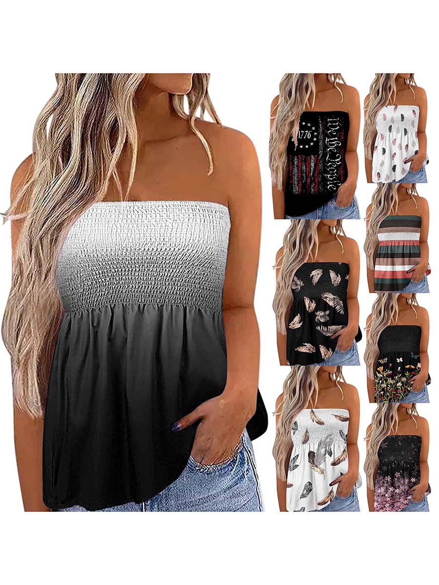 Women s Tube Crop Tops Strapless Cute Sexy Sleeveless Floral Print Blouse Holiday Pleated Tops Shirt