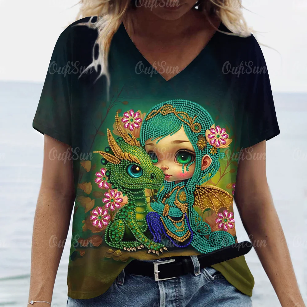 Cartoon Dragon T-Shirt For Women 2024 New Year Clothing V-Neck Casual Short-Sleeved Female Oversized Pullover Fashion Streetwear