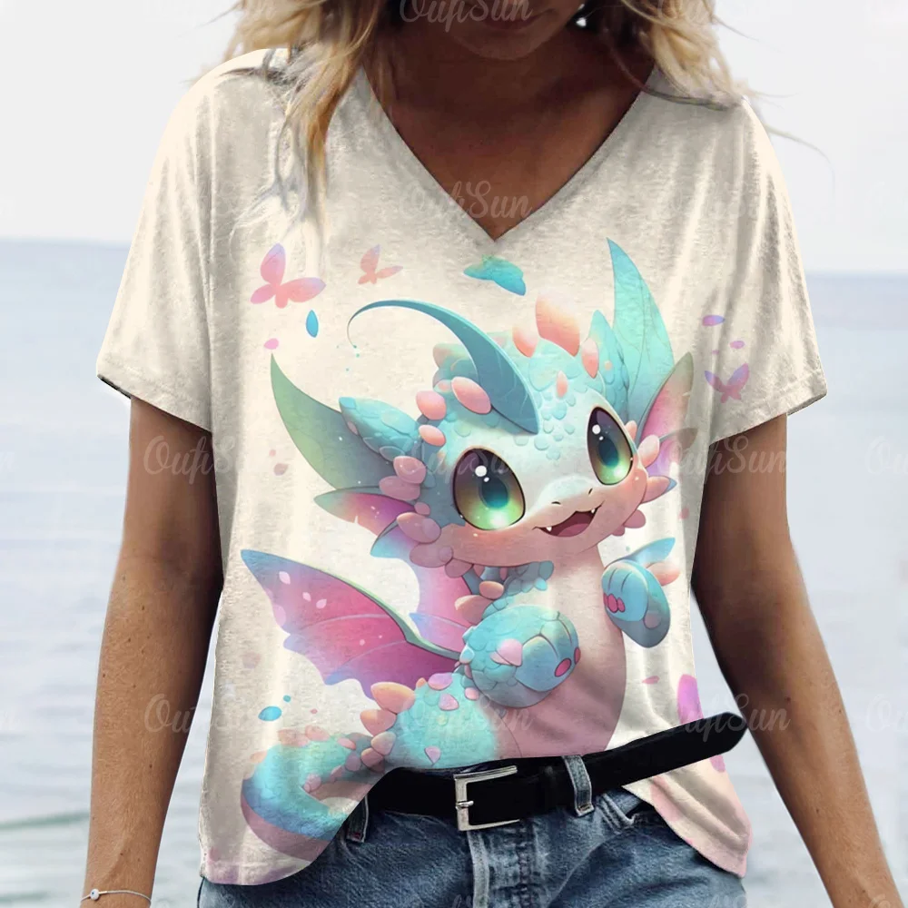 Cartoon Dragon T-Shirt For Women 2024 New Year Clothing V-Neck Casual Short-Sleeved Female Oversized Pullover Fashion Streetwear
