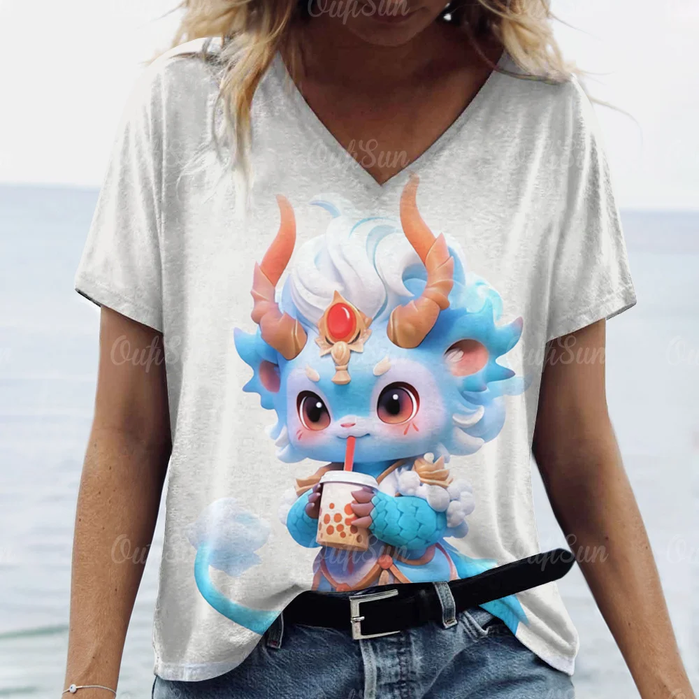Cartoon Dragon T-Shirt For Women 2024 New Year Clothing V-Neck Casual Short-Sleeved Female Oversized Pullover Fashion Streetwear