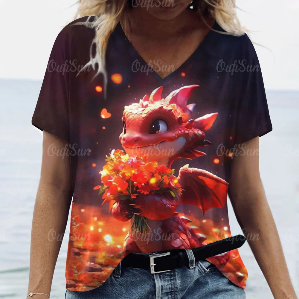 Cartoon Dragon T-Shirt For Women 2024 New Year Clothing V-Neck Casual Short-Sleeved Female Oversized Pullover Fashion Streetwear