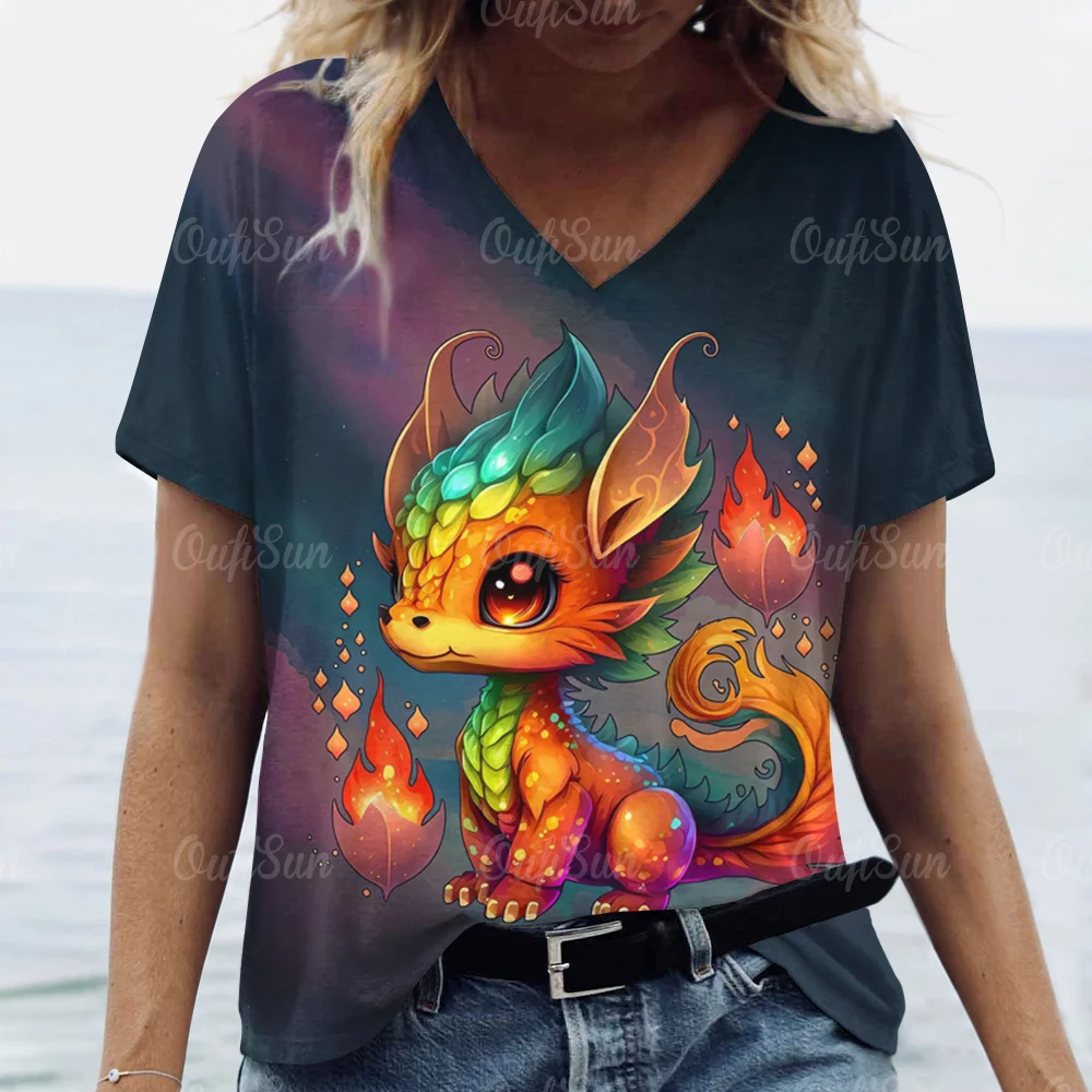 Cartoon Dragon T-Shirt For Women 2024 New Year Clothing V-Neck Casual Short-Sleeved Female Oversized Pullover Fashion Streetwear