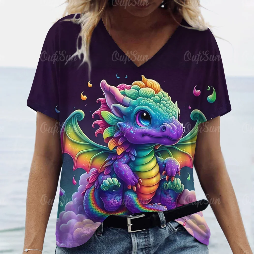 Cartoon Dragon T-Shirt For Women 2024 New Year Clothing V-Neck Casual Short-Sleeved Female Oversized Pullover Fashion Streetwear
