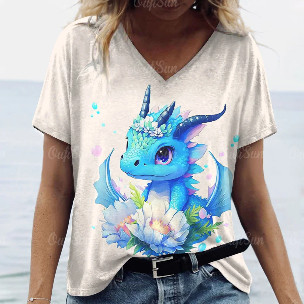 Cartoon Dragon T-Shirt For Women 2024 New Year Clothing V-Neck Casual Short-Sleeved Female Oversized Pullover Fashion Streetwear