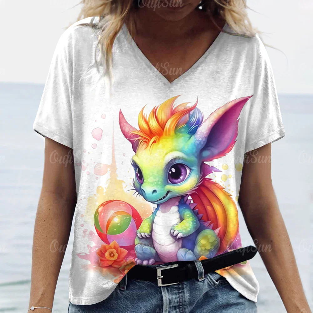 Cartoon Dragon T-Shirt For Women 2024 New Year Clothing V-Neck Casual Short-Sleeved Female Oversized Pullover Fashion Streetwear