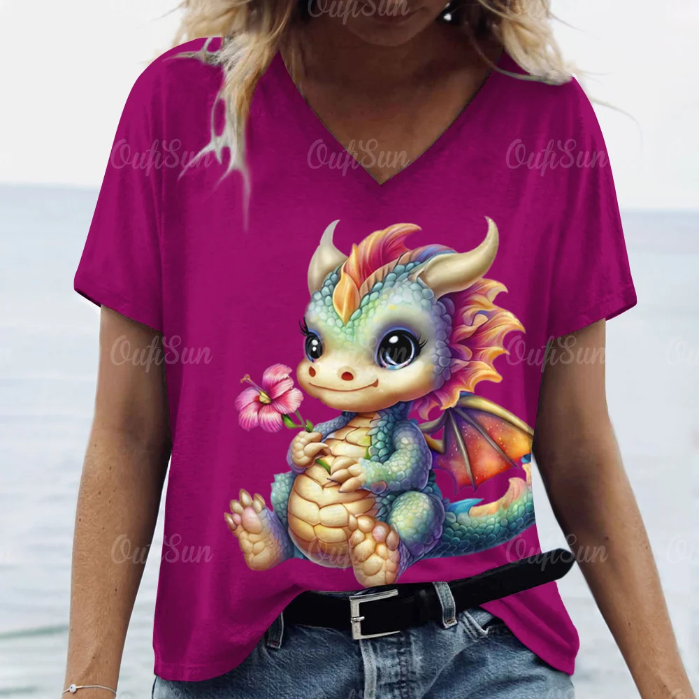 Cartoon Dragon T-Shirt For Women 2024 New Year Clothing V-Neck Casual Short-Sleeved Female Oversized Pullover Fashion Streetwear