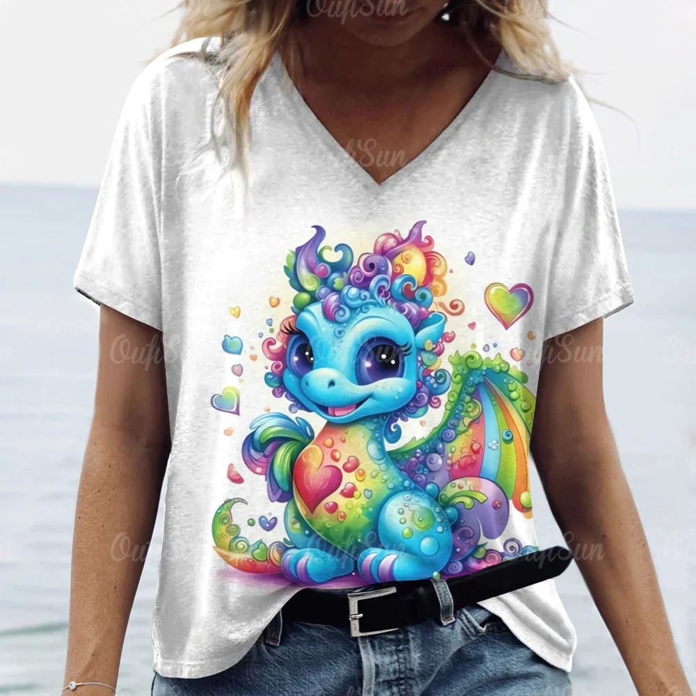 Cartoon Dragon T-Shirt For Women 2024 New Year Clothing V-Neck Casual Short-Sleeved Female Oversized Pullover Fashion Streetwear