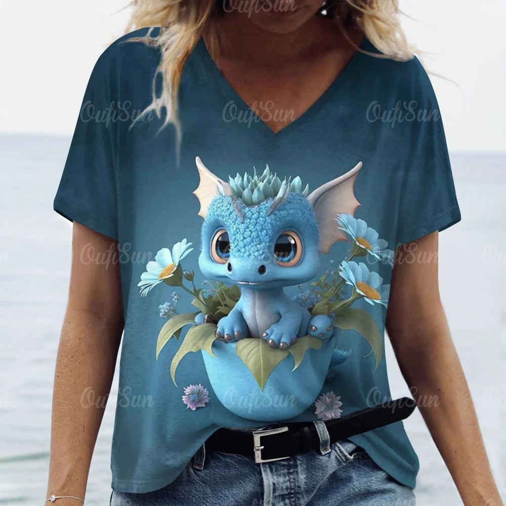 Cartoon Dragon T-Shirt For Women 2024 New Year Clothing V-Neck Casual Short-Sleeved Female Oversized Pullover Fashion Streetwear