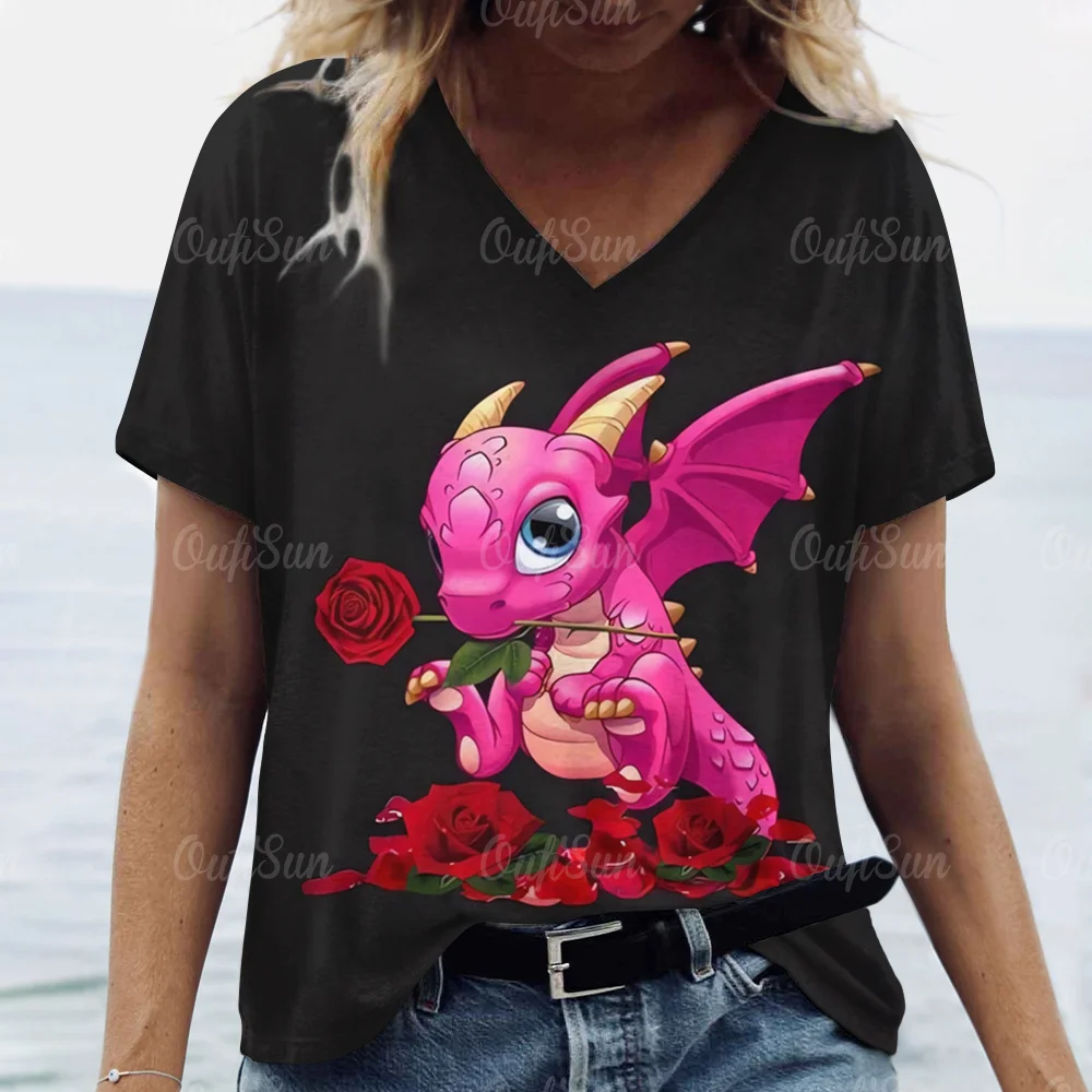Cartoon Dragon T-Shirt For Women 2024 New Year Clothing V-Neck Casual Short-Sleeved Female Oversized Pullover Fashion Streetwear