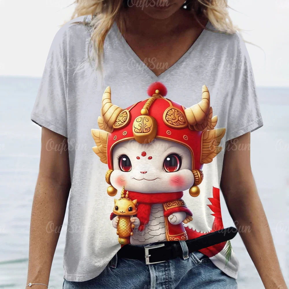 Cartoon Dragon T-Shirt For Women 2024 New Year Clothing V-Neck Casual Short-Sleeved Female Oversized Pullover Fashion Streetwear