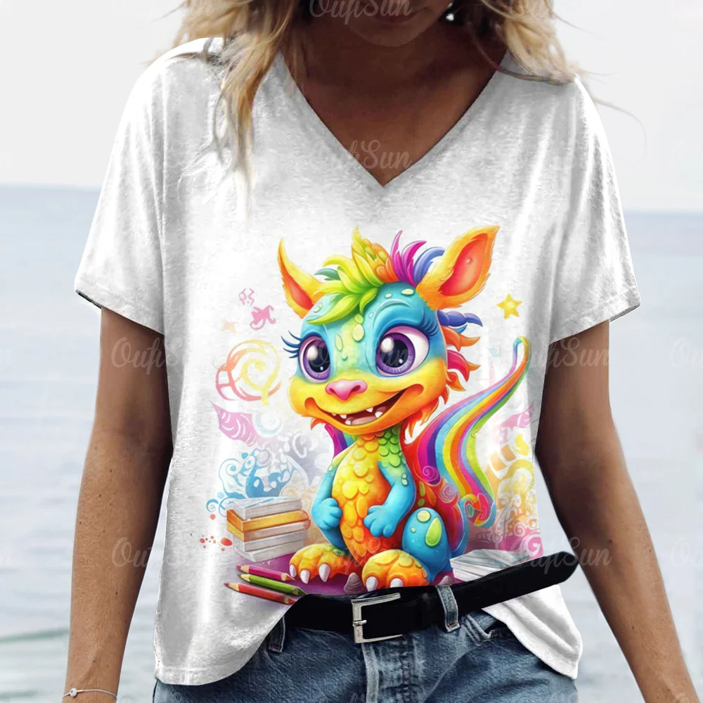 Cartoon Dragon T-Shirt For Women 2024 New Year Clothing V-Neck Casual Short-Sleeved Female Oversized Pullover Fashion Streetwear