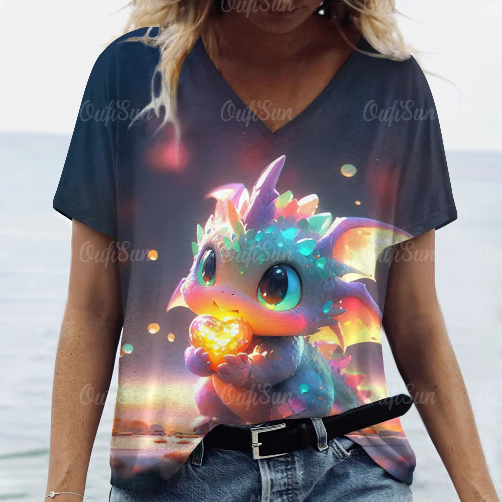 Cartoon Dragon T-Shirt For Women 2024 New Year Clothing V-Neck Casual Short-Sleeved Female Oversized Pullover Fashion Streetwear