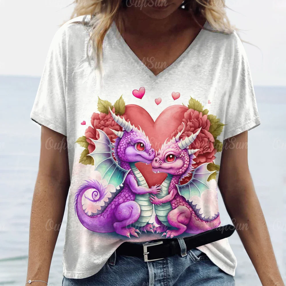 Cartoon Dragon T-Shirt For Women 2024 New Year Clothing V-Neck Casual Short-Sleeved Female Oversized Pullover Fashion Streetwear